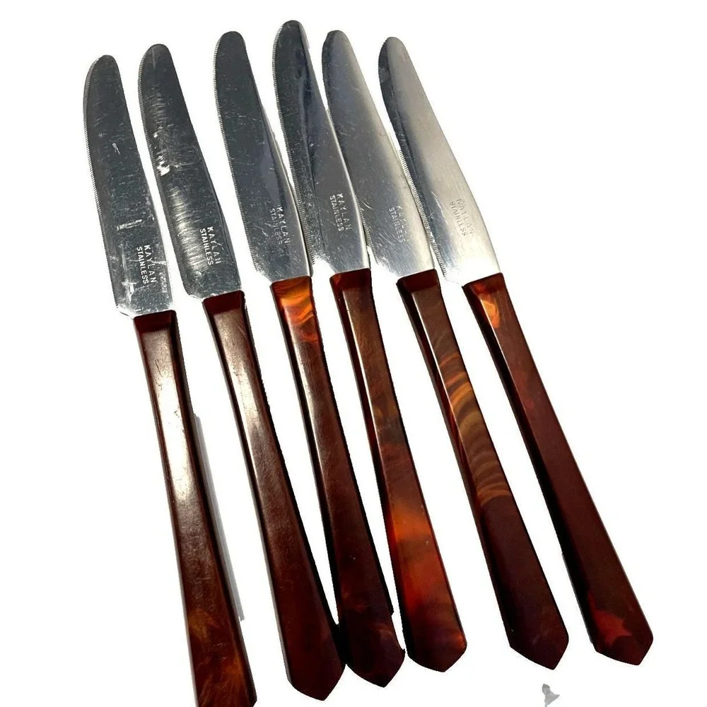 Vtg Kaylan Stainless Steel Serated Knives Brown Marbled Thermoset Handles MCM‎